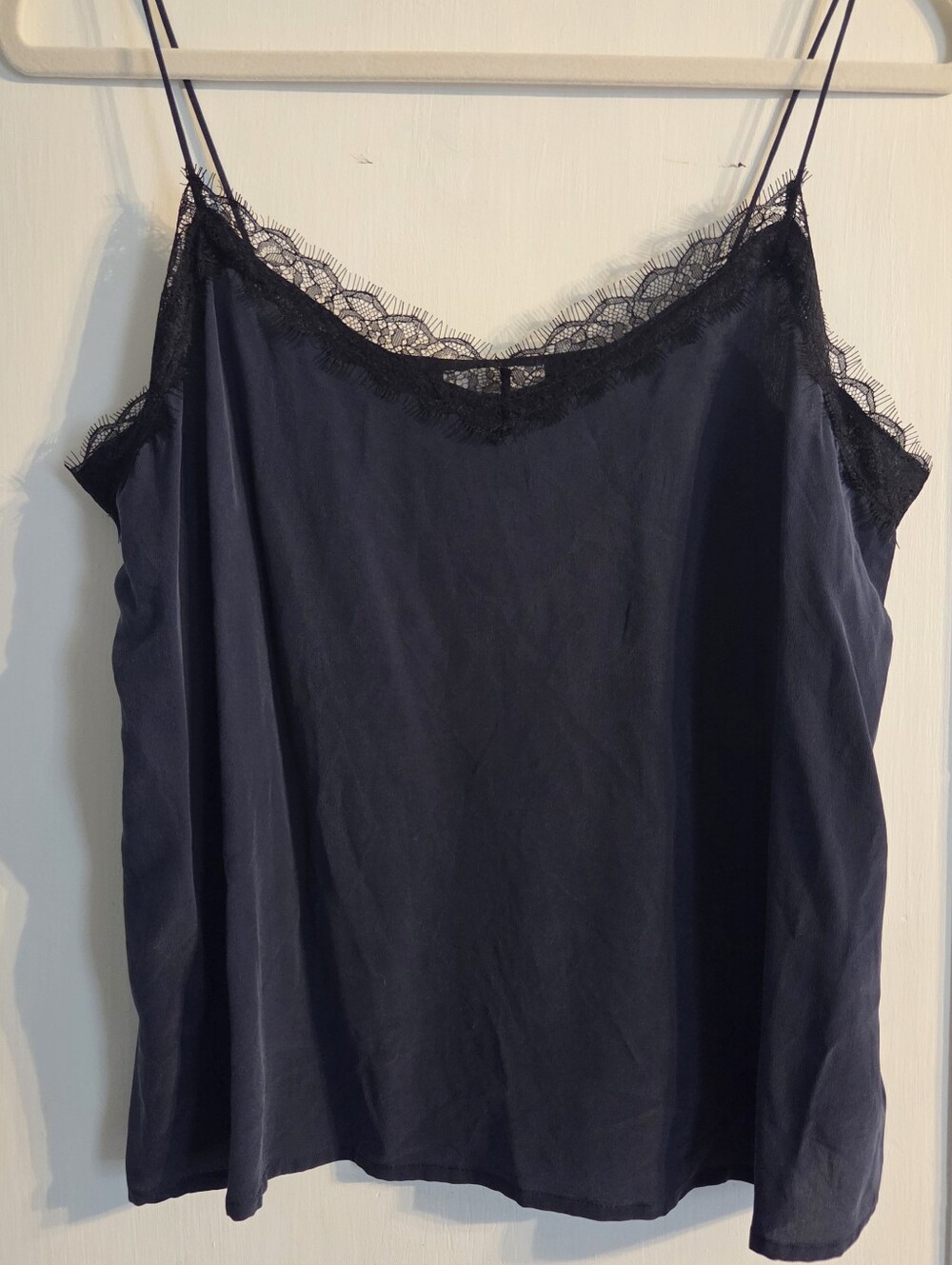 Large Sezane Navy Blue Black Lace Cami Silk